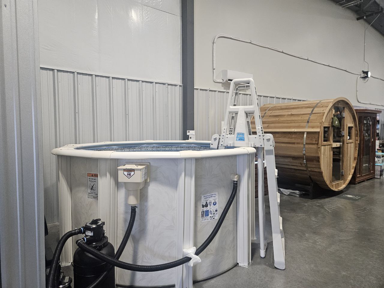 Above ground pool and sauna display