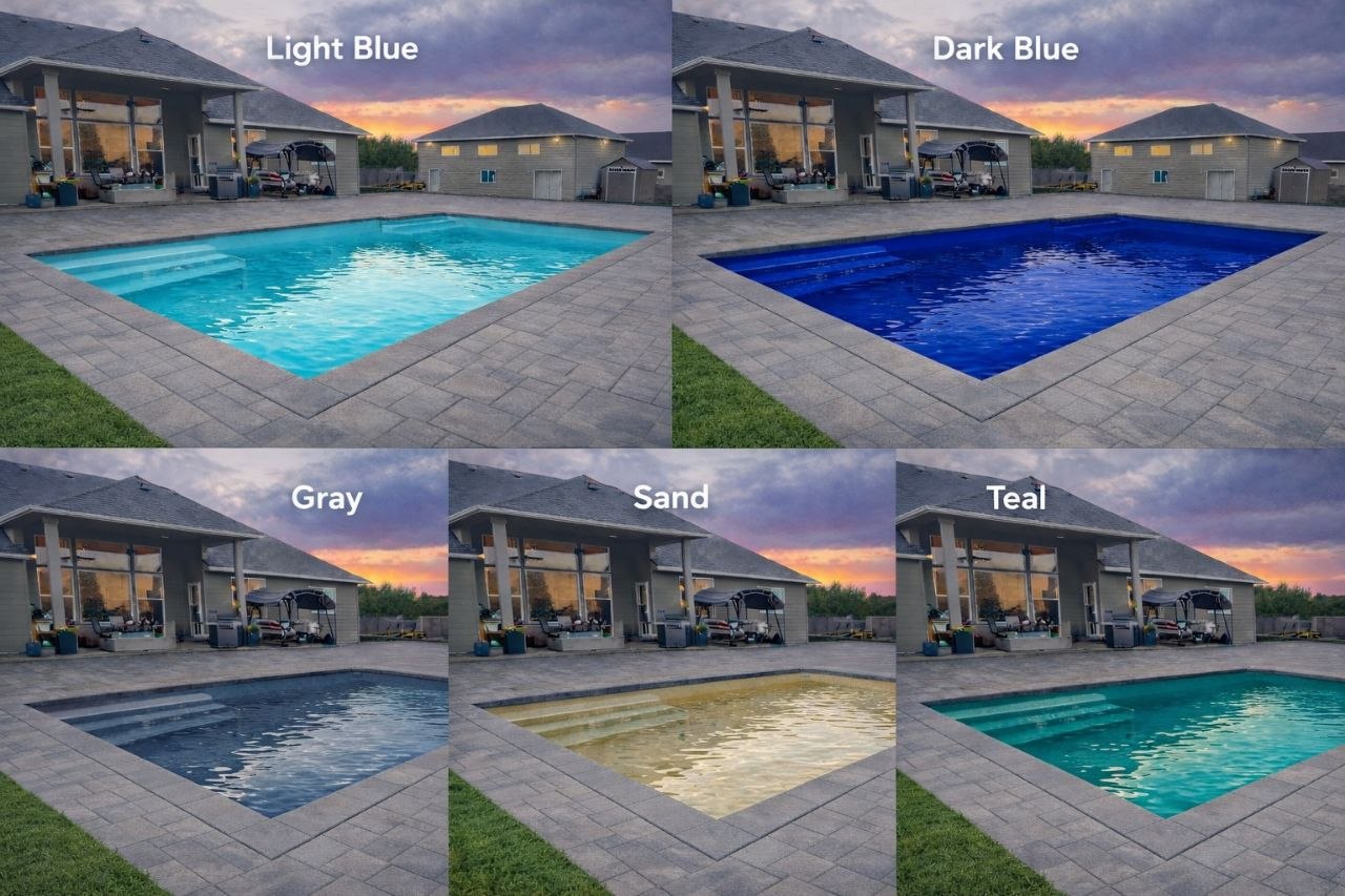 Pool liner color options - Light Blue, Dark Blue, Gray, Sand, and Teal shown on same pool