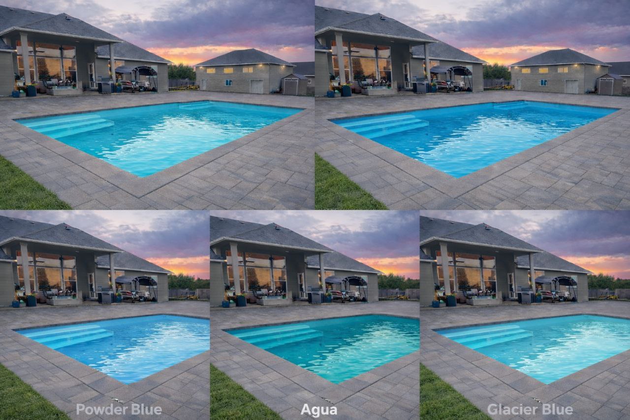 Pool liner color options - same pool shown with different liner colors including Powder Blue, Agua, and Glacier Blue