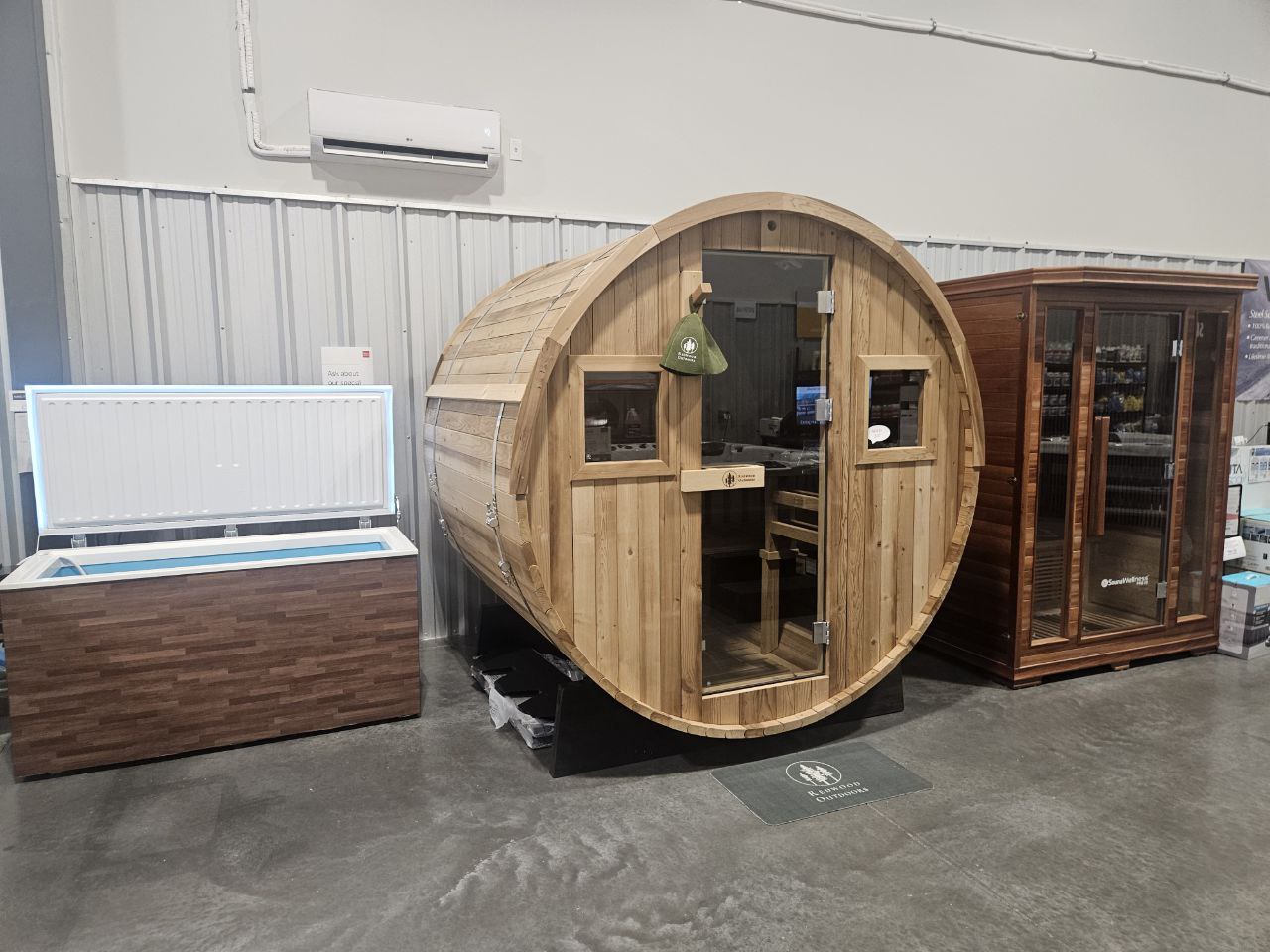 Sauna and cold plunge display in showroom