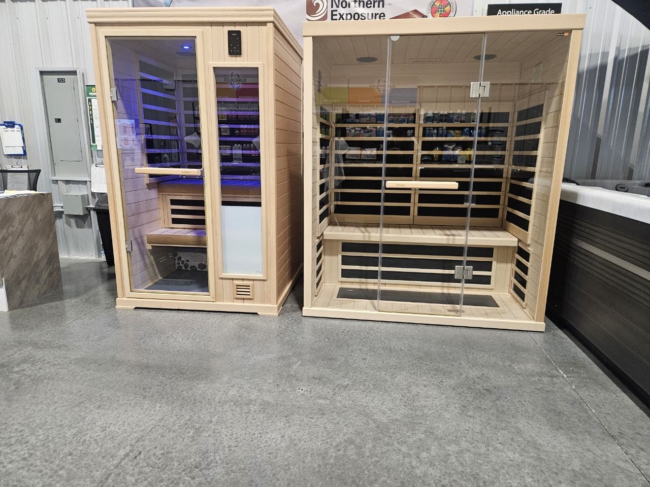 Finnleo infrared sauna and InfraSauna combo units on display at AquaZen in Richland WA
