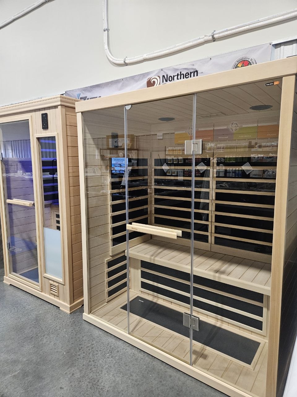 Finnleo InfraSauna hybrid sauna interior showing carbon heating panels — AquaZen Richland WA