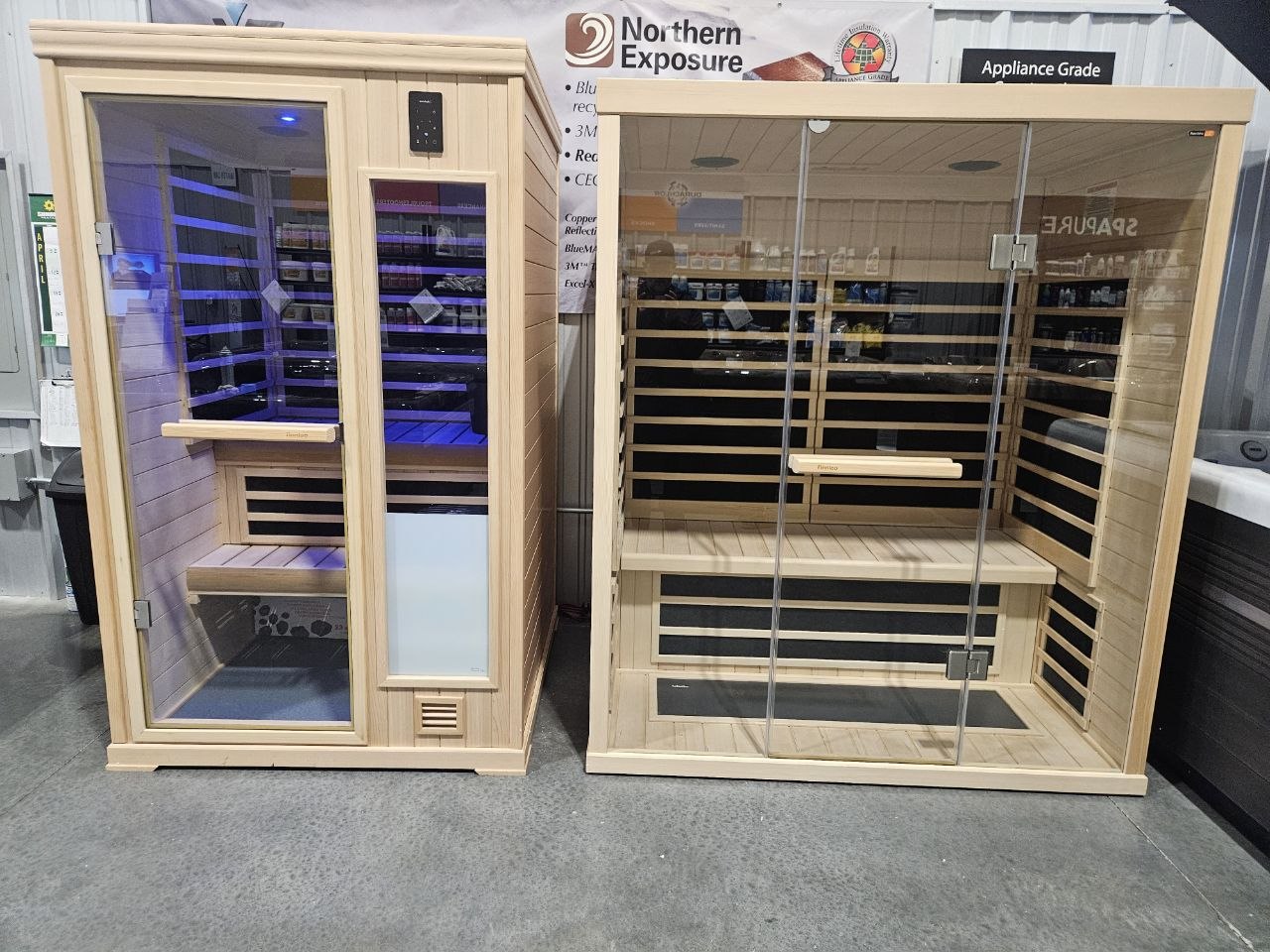 Finnleo infrared and InfraSauna models side by side at AquaZen sauna showroom Tri-Cities WA
